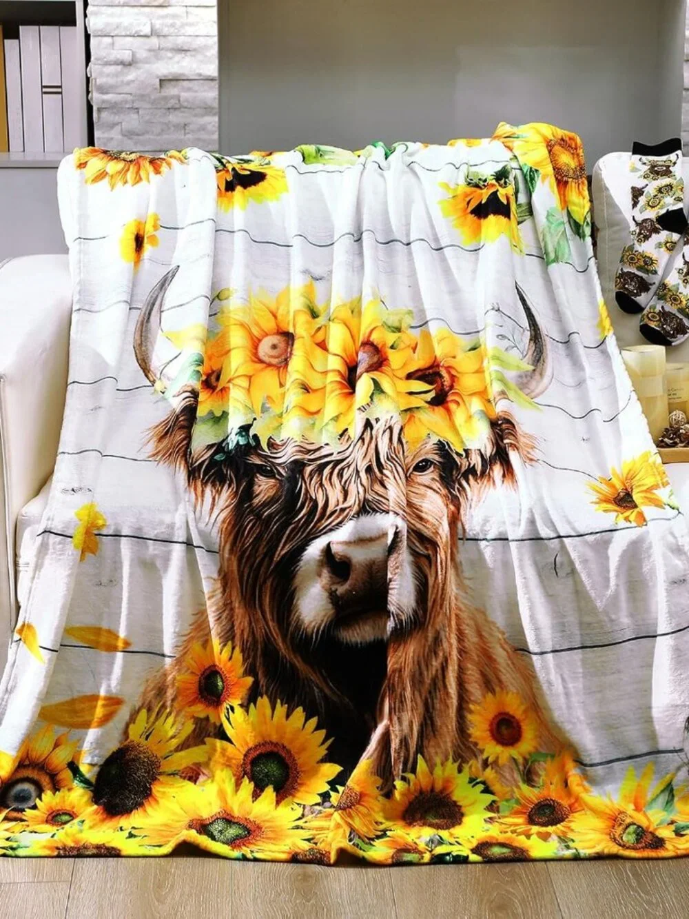 2 Pcs Sunflower Highland Cow Gifts Blanket and Socks Set, 50
